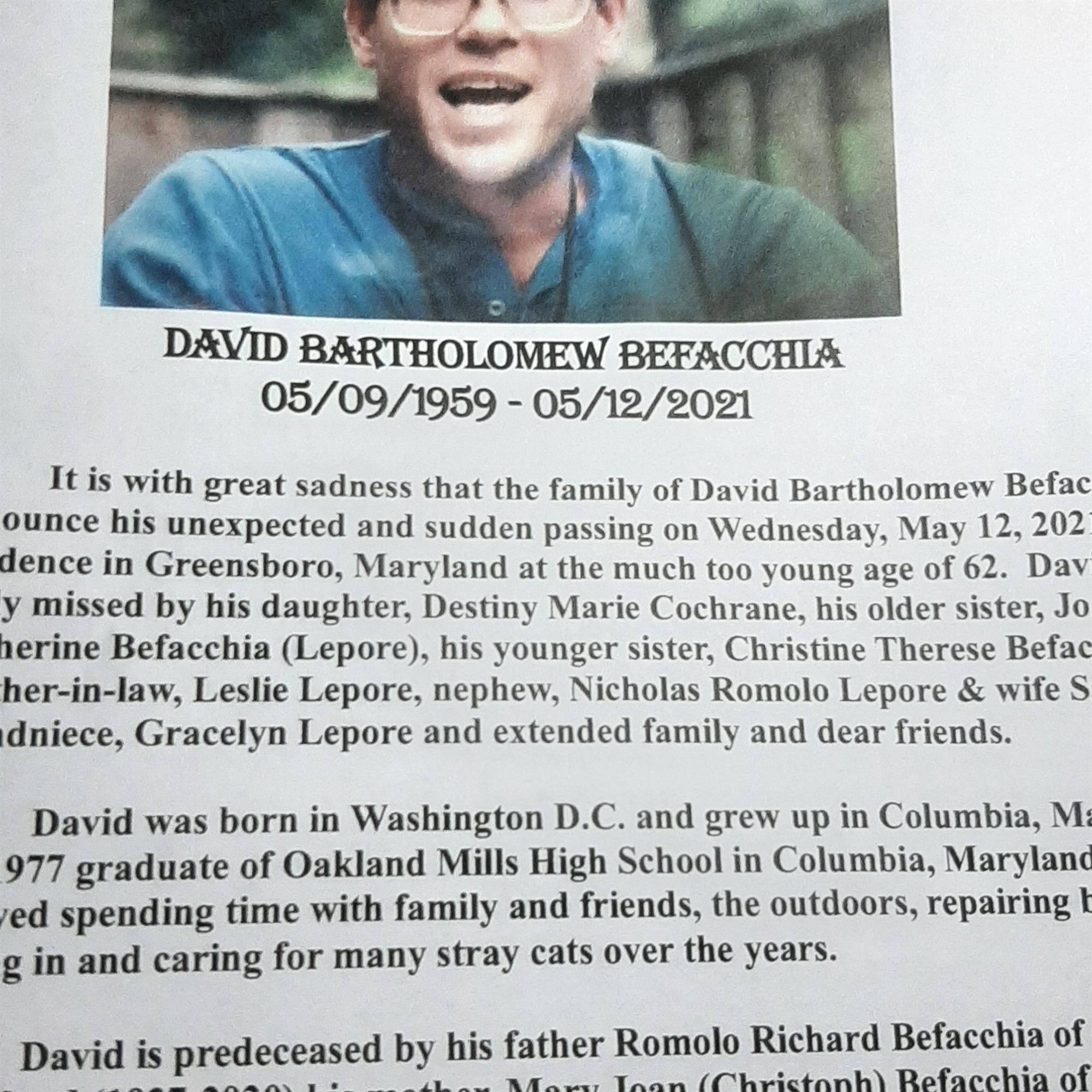 David Bartholomew Befacchia Obituary