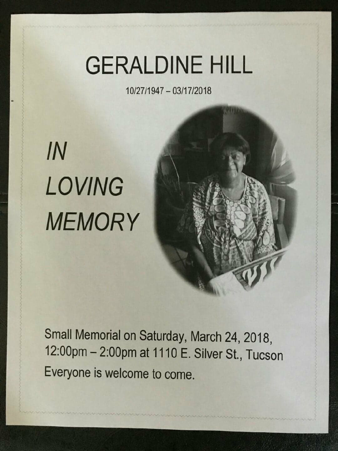 Geraldine Hill's obituary , Passed away on March 17, 2018 in Tucson, Arizona